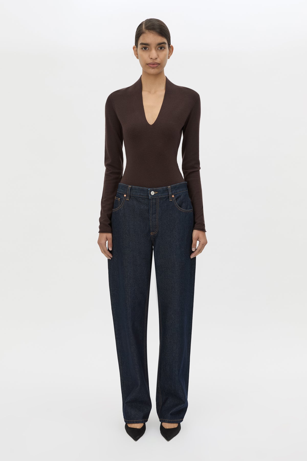 Front view CAMILLA AND MARC Ashlar Knit Bodysuit in Espresso Brown styled with the Manuela Denim  Jean.