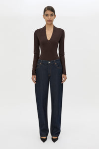 Front view CAMILLA AND MARC Ashlar Knit Bodysuit in Espresso Brown styled with the Manuela Denim  Jean.