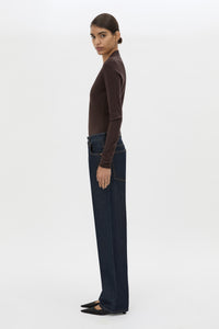 Side view CAMILLA AND MARC Ashlar Knit Bodysuit in Espresso Brown with long sleeves and deep V‑neck.