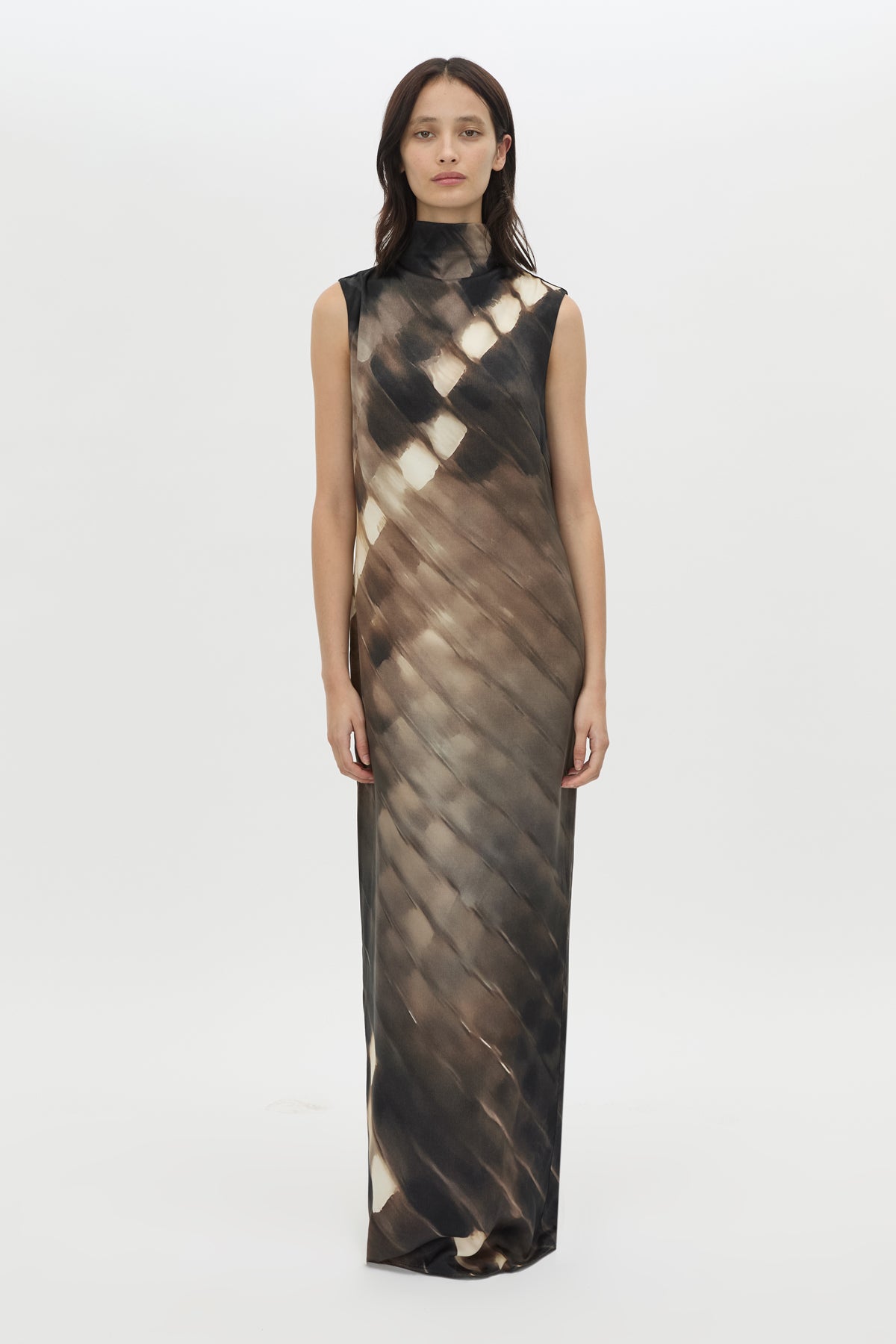 Front view CAMILLA AND MARC Asper Maxi Dress in Chocolate Print with a sleeveless column silhouette.