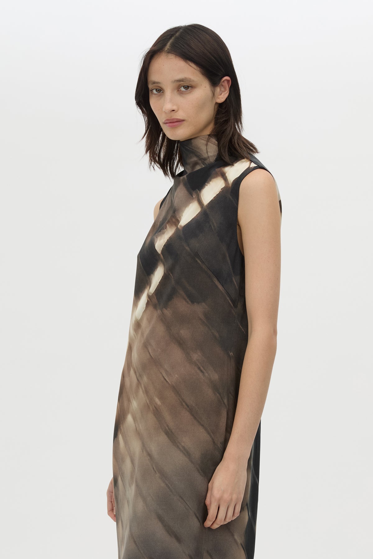 Three-quarter view CAMILLA AND MARC Asper Maxi Dress in Chocolate Print with a sleeveless column silhouette.