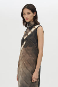 Three-quarter view CAMILLA AND MARC Asper Maxi Dress in Chocolate Print with a sleeveless column silhouette.