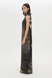 Side view CAMILLA AND MARC Asper Maxi Dress in Chocolate Print with a sleeveless column silhouette.