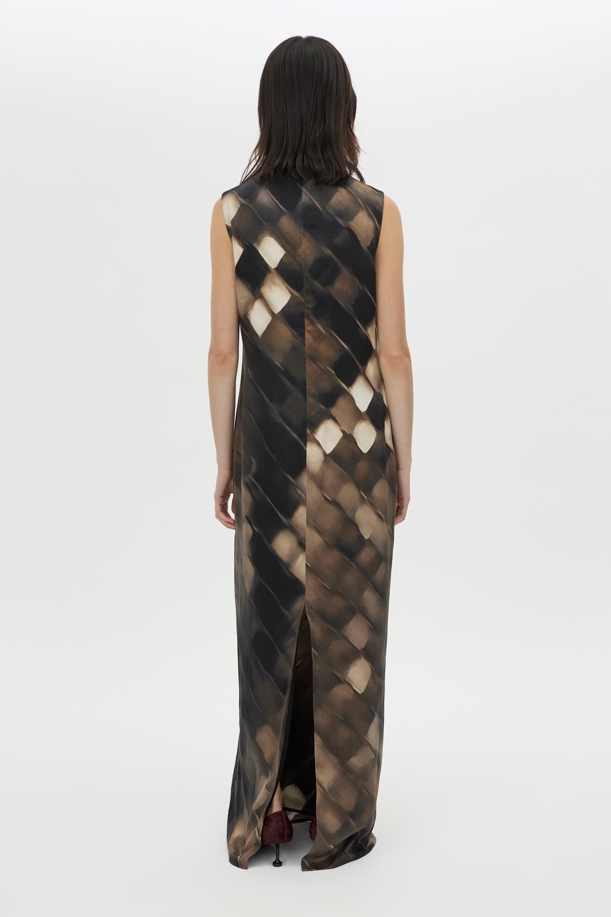 Back view CAMILLA AND MARC Asper Maxi Dress in Chocolate Print with a sleeveless column silhouette.