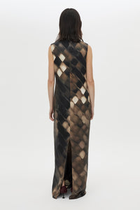 Back view CAMILLA AND MARC Asper Maxi Dress in Chocolate Print with a sleeveless column silhouette.