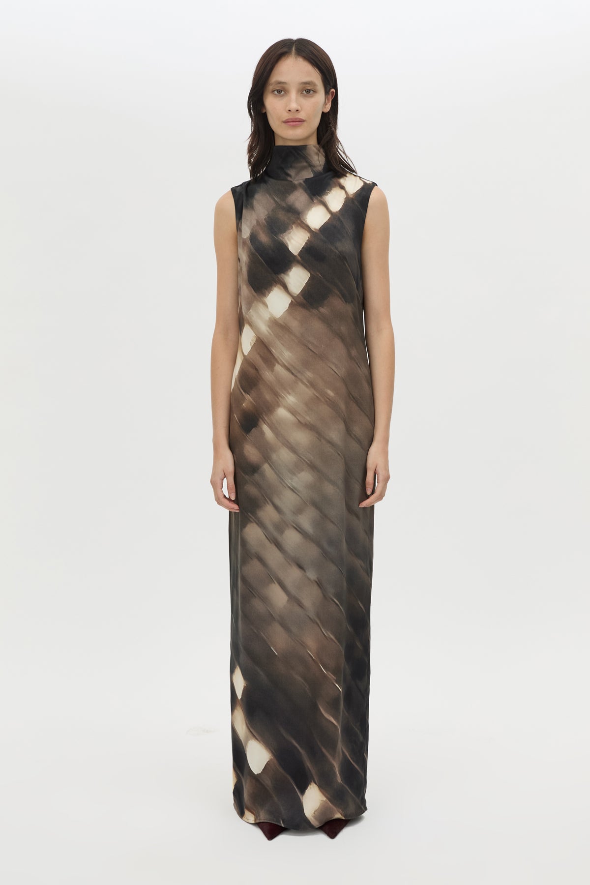 Front styled view CAMILLA AND MARC Asper Maxi Dress in Chocolate Print with a sleeveless column silhouette.