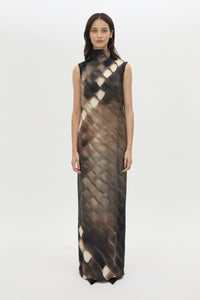 Front styled view CAMILLA AND MARC Asper Maxi Dress in Chocolate Print with a sleeveless column silhouette.