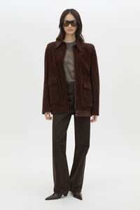 Front view CAMILLA AND MARC Asper Print Tee in Brown styled with the Zaha Leather Bomber.