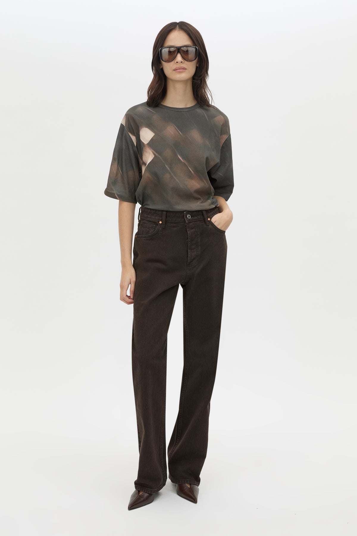 Front view CAMILLA AND MARC Asper Print Tee in Brown with oversized short‑sleeve silhouette and printed artwork. 
