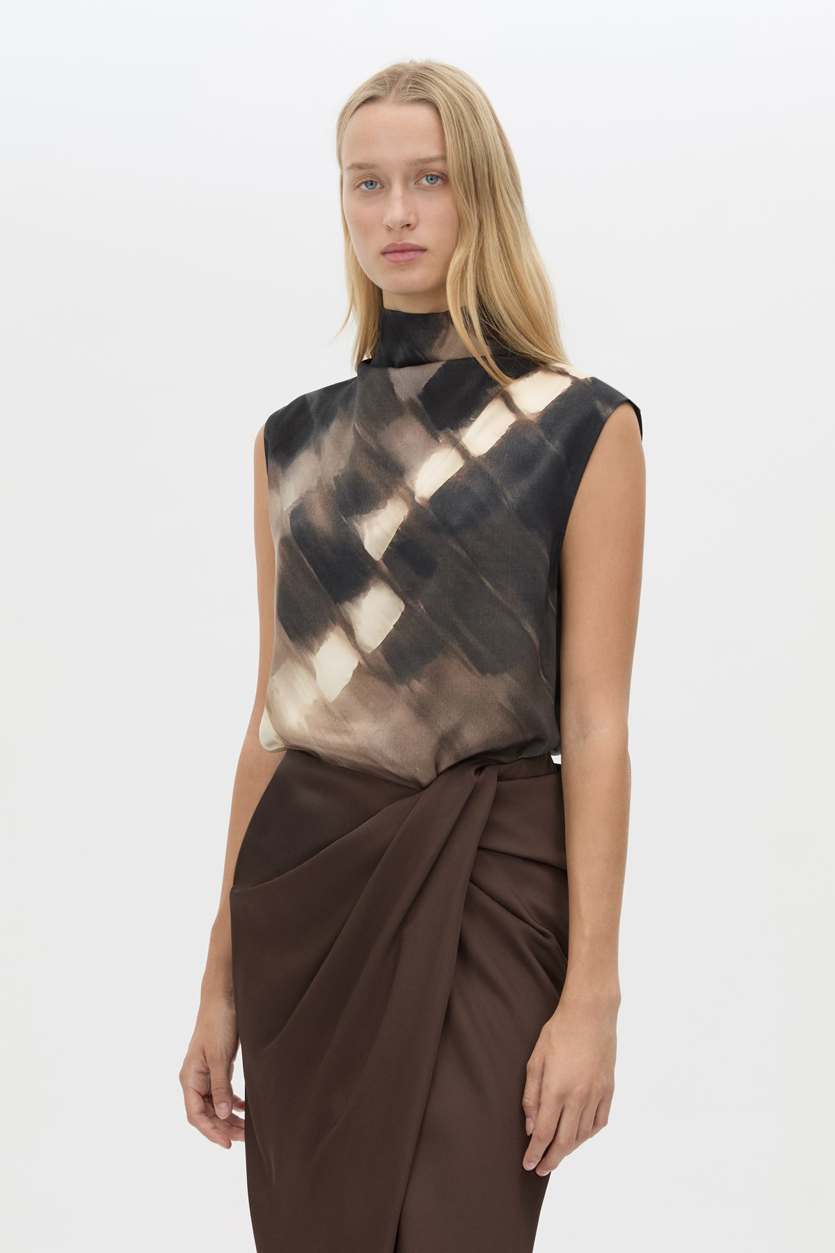 Cropped view CAMILLA AND MARC Asper Top in Chocolate Print with sleeveless shell silhouette.