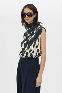 Cropped view CAMILLA AND MARC Asper Top in Navy print with sleeveless shell silhouette and high neckline.