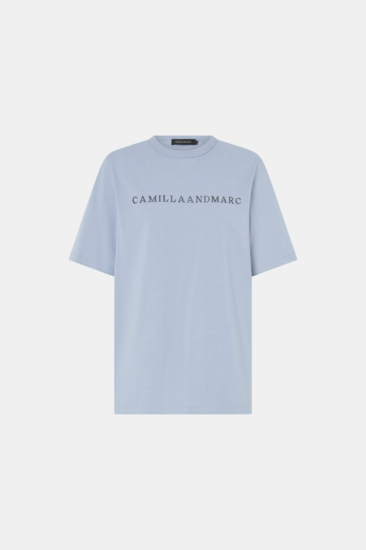 Ghost view CAMILLA AND MARC Athea short sleeve monogram tee in sky blue with contrast logo print.