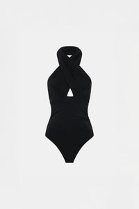 Atley Bodysuit - CAMILLA AND MARC Atley halter neck bodysuit in black, styled by twisting twice and placing over the