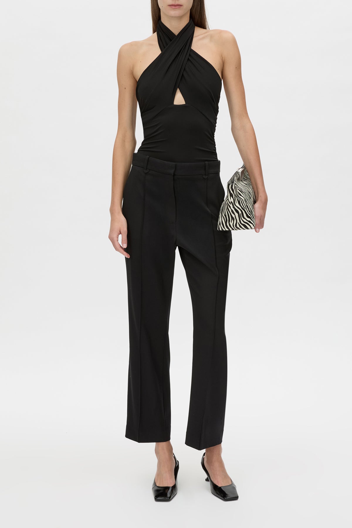 Atley Bodysuit - CAMILLA AND MARC Atley halter neck bodysuit in black, styled by twisting twice and placing over the