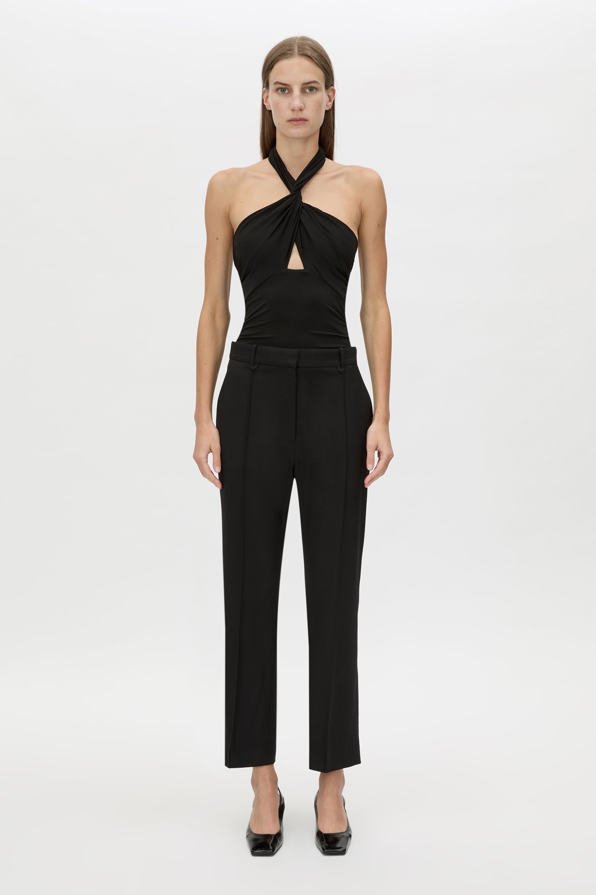 Atley Bodysuit - CAMILLA AND MARC Atley halter neck bodysuit in black, styled by twisting twice and placing over the