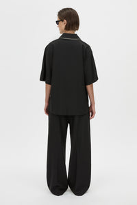 Back View - CAMILLA AND MARC collared Atticus Short Sleeve Shirt in black with contrast cord piping. 