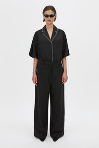 Styled View - CAMILLA AND MARC collared Atticus Short Sleeve Shirt in black with contrast cord piping. 
