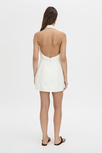 Back view CAMILLA AND MARC Aubrey Denim Mini Dress in white neps with cowl neckline.
