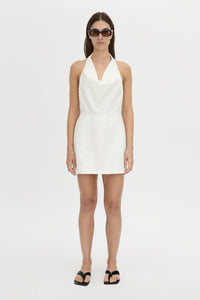 Front view CAMILLA AND MARC Aubrey Denim Mini Dress in white neps with cowl neckline.