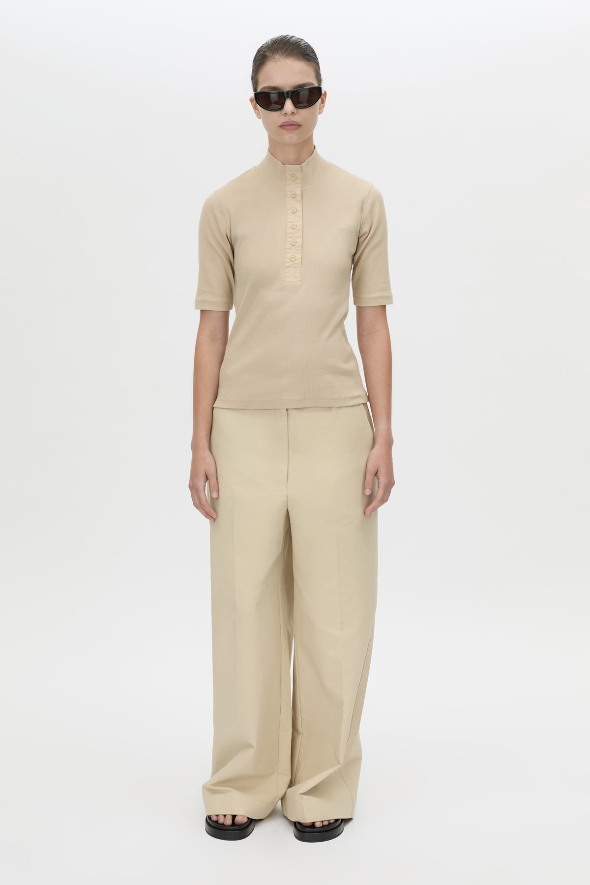 Front view CAMILLA AND MARC Aubrey Elbow Sleeve Rib Top in latte with a contrast quarter corozo button placket.