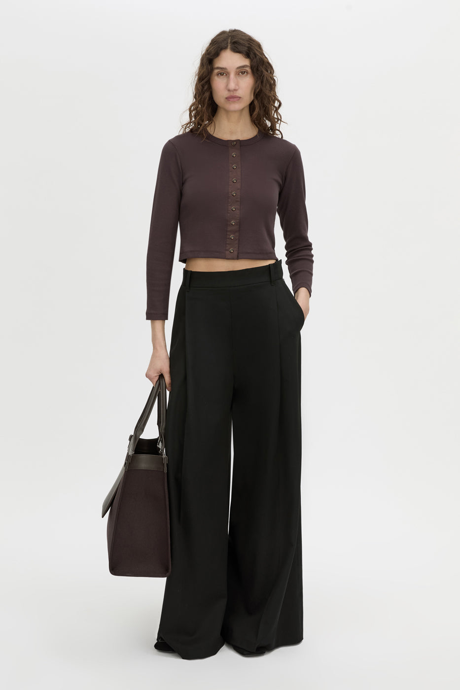 Front-styled view CAMILLA AND MARC Aubrey Long Sleeve Rib Top in hickory with a contrast corozo button placket.