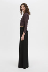 Side view CAMILLA AND MARC Aubrey Long Sleeve Rib Top in hickory with a contrast corozo button placket.