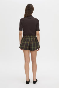 Back view CAMILLA AND MARC Aubrey Elbow Sleeve Rib Top in hickory with a contrast quarter corozo button placket.