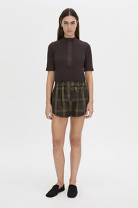 Front view CAMILLA AND MARC Aubrey Elbow Sleeve Rib Top in hickory with a contrast quarter corozo button placket.