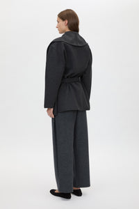 Back view CAMILLA AND MARC Audrey Wrap Jacket in Charcoal Grey with relaxed belted silhouette.