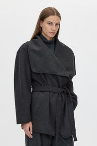 Cropped view CAMILLA AND MARC Audrey Wrap Jacket in Charcoal Grey with relaxed belted silhouette.