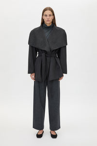 Front view CAMILLA AND MARC Audrey Wrap Jacket in Charcoal Grey with relaxed belted silhouette.