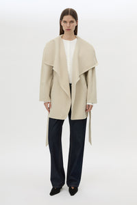 Front view CAMILLA AND MARC Audrey Wrap Jacket in Oat styled open.