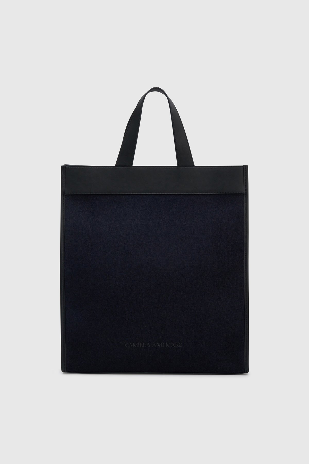 Front view CAMILLA AND MARC August Tote Bag in navy with black trim in cotton-linen canvas.