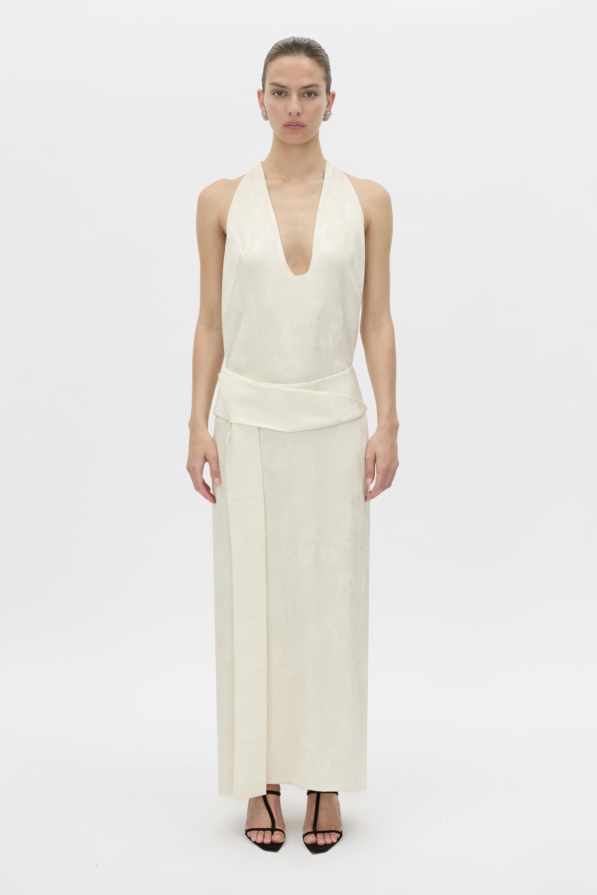 Front view CAMILLA AND MARC Avis Maxi Dress in cream with plunging neckline and detachable wide waistbelt.