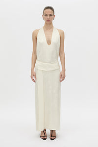 Front view CAMILLA AND MARC Avis Maxi Dress in cream with plunging neckline and detachable wide waistbelt.