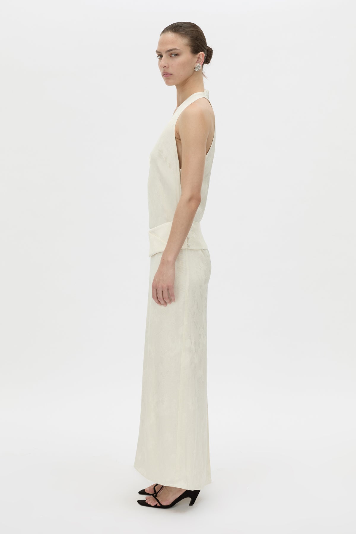 Side view CAMILLA AND MARC Avis Maxi Dress in cream with plunging neckline and detachable wide waistbelt.