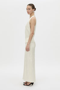 Side view CAMILLA AND MARC Avis Maxi Dress in cream with plunging neckline and detachable wide waistbelt.