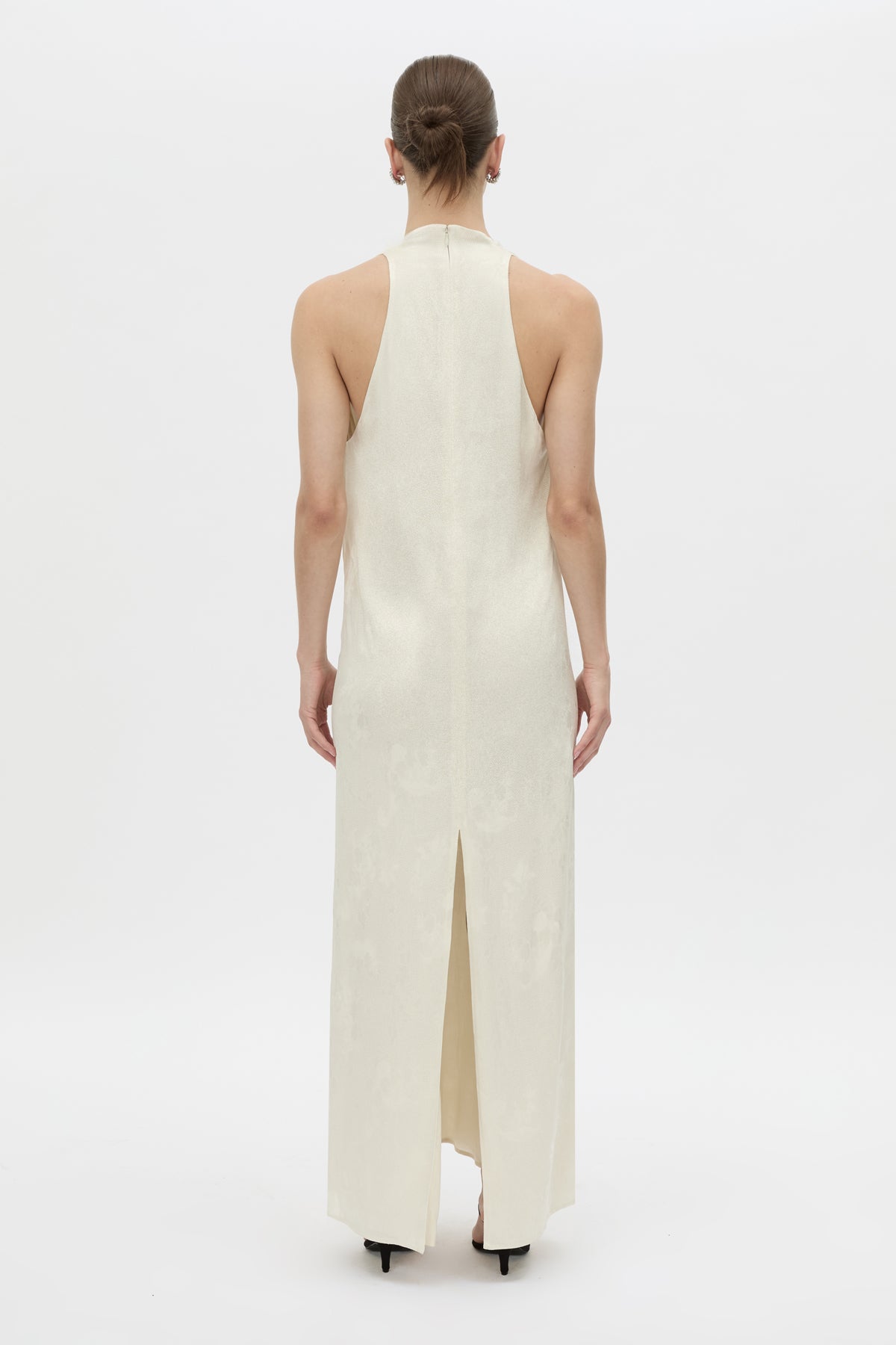 Back view CAMILLA AND MARC Avis Maxi Dress in cream with plunging neckline and detachable wide waistbelt.