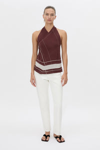 Front-styled view CAMILLA AND MARC Barolo Top in cream print with high‑neckline and open back.