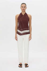 Front view CAMILLA AND MARC Barolo Top in cream print with high‑neckline and open back.