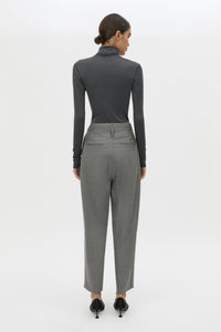 Back view CAMILLA AND MARC Barre High Neck Top in Charcoal Grey with long sleeves and V‑neck split turtleneck.