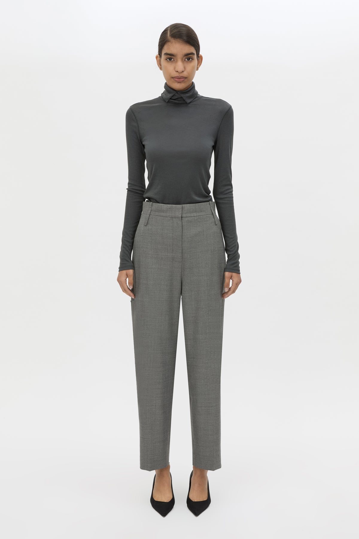 Front view CAMILLA AND MARC Barre High Neck Top in Charcoal Grey styled with the Crest Pant.