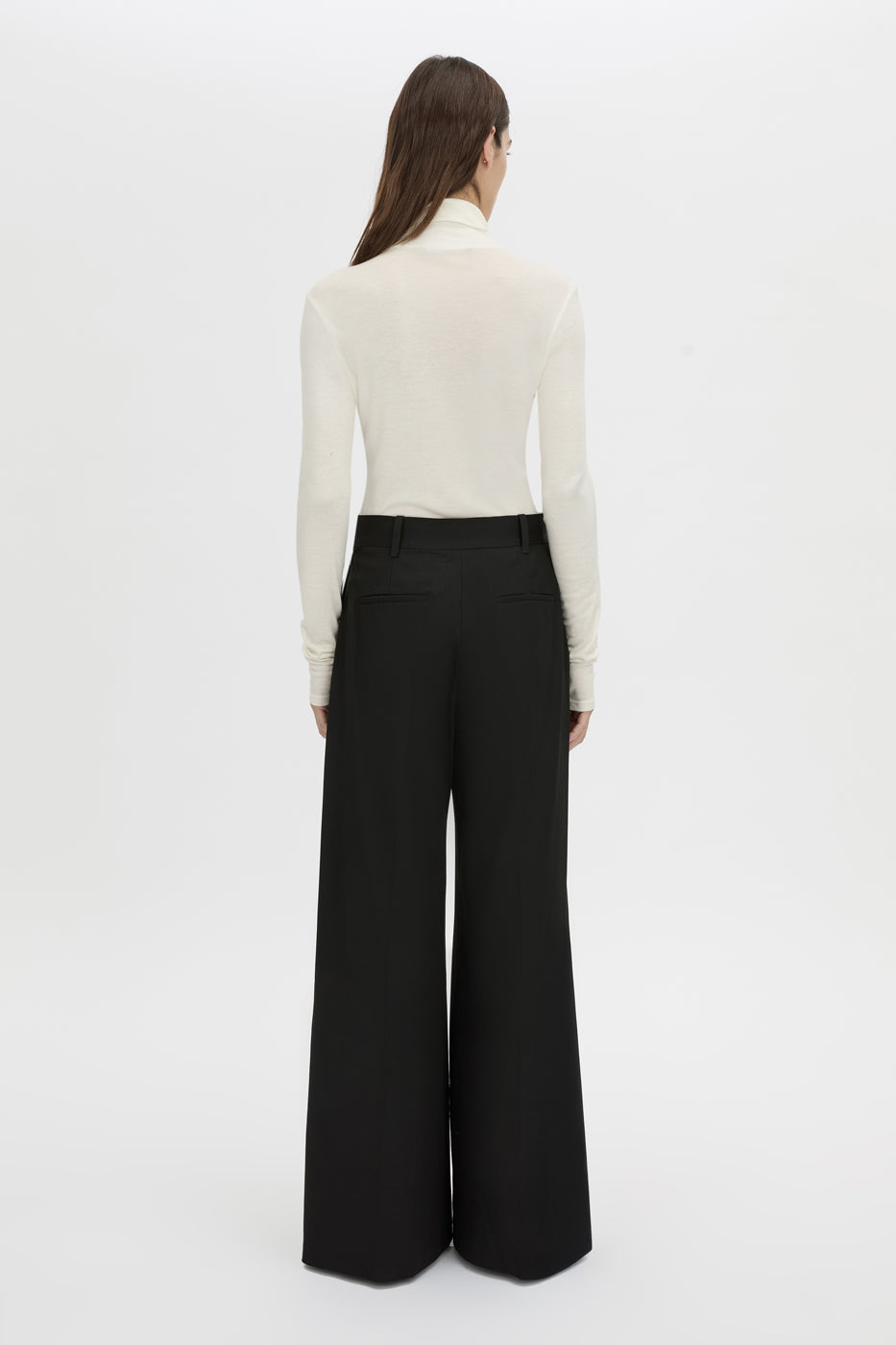 Back view CAMILLA AND MARC Barre turtleneck long-sleeve top in soft white.