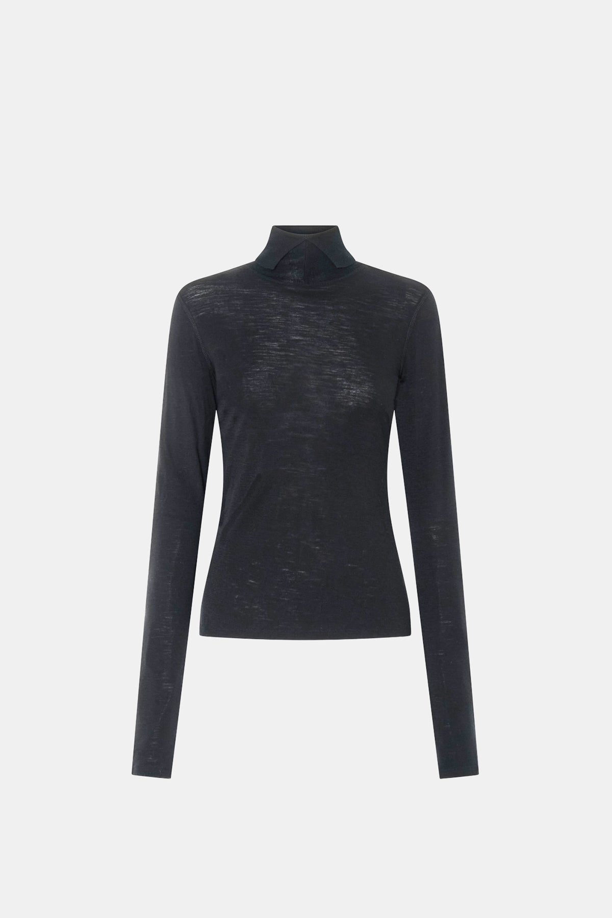Ghost view CAMILLA AND MARC Barre High Neck Top in Charcoal Grey with long sleeves and V‑neck split turtleneck.