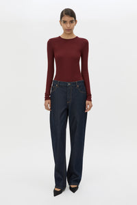 Front view CAMILLA AND MARC Barre Long Sleeve Top in Burgundy with fitted silhouette and crew neckline.