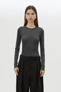 Cropped view CAMILLA AND MARC Barre Long Sleeve Top in Charcoal Grey with fitted silhouette and crew neckline.
