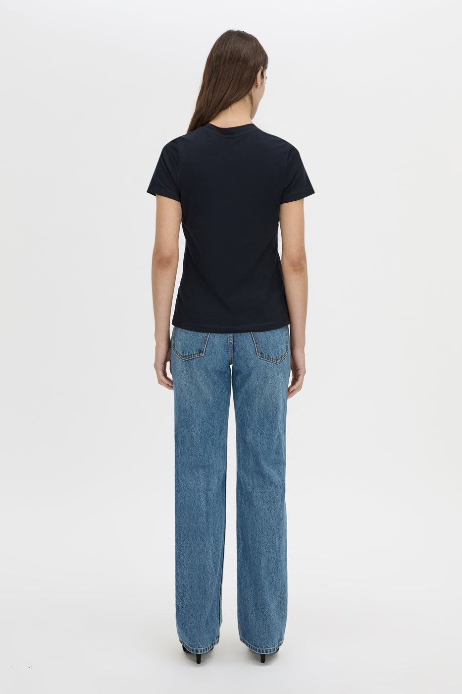 Back view CAMILLA AND MARC Birdie Fitted Print Tee in navy with white embroidered motif detail.