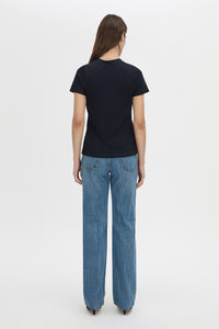 Back view CAMILLA AND MARC Birdie Fitted Print Tee in navy with white embroidered motif detail.