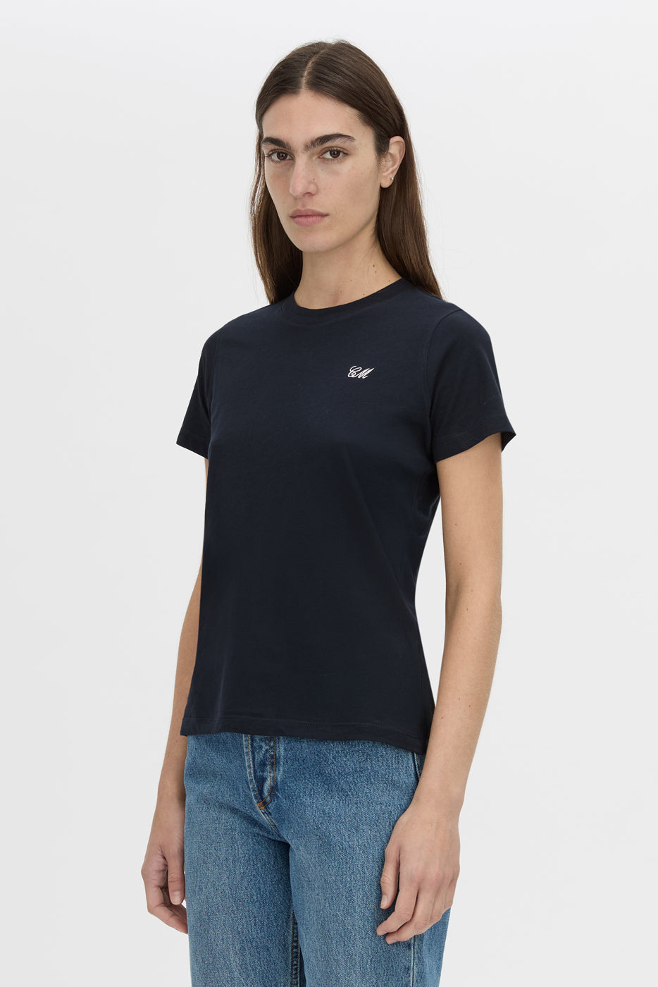 Cropped view CAMILLA AND MARC Birdie Fitted Print Tee in navy with white embroidered motif detail.