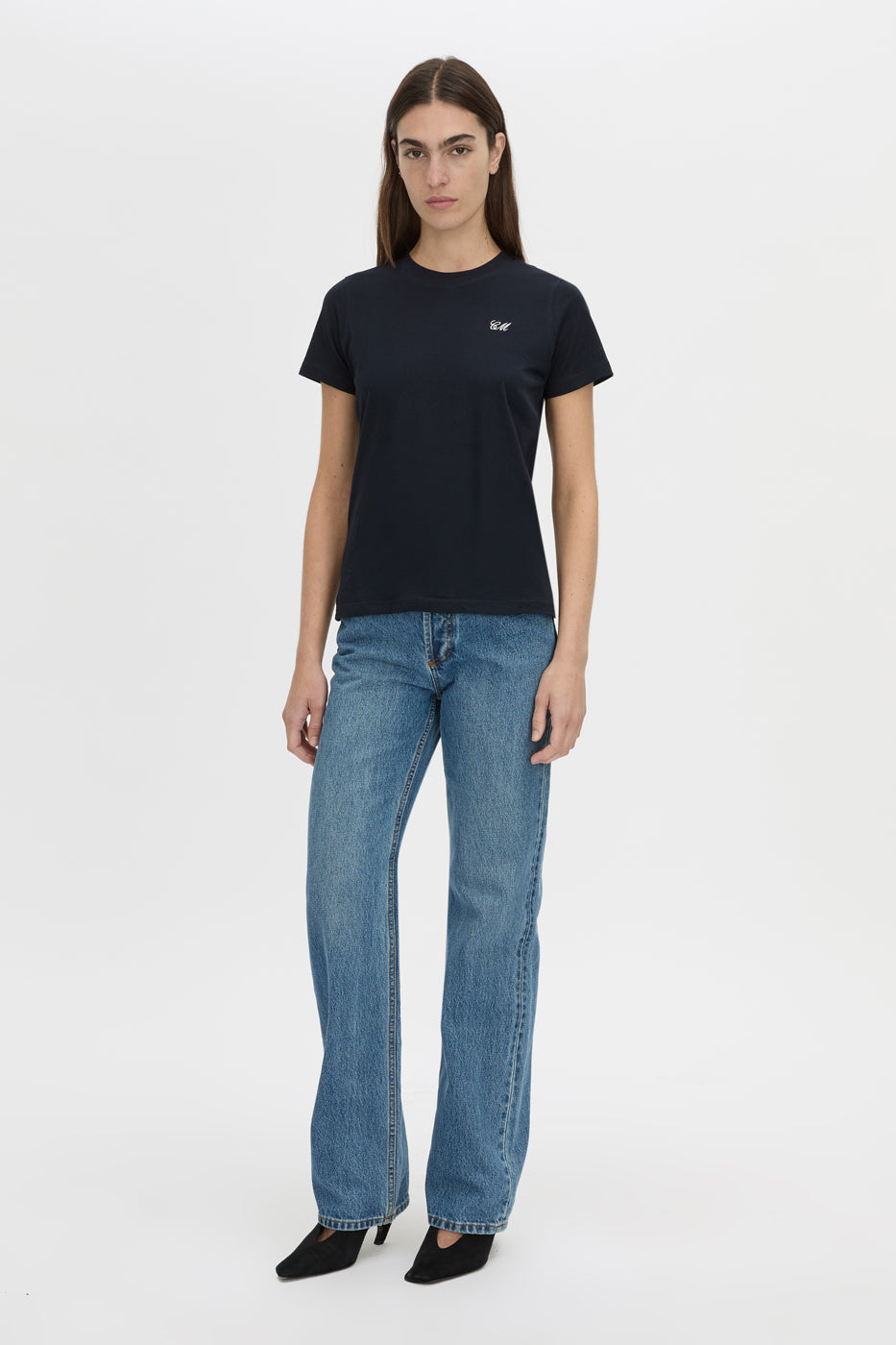 Front-styled view CAMILLA AND MARC Birdie Fitted Print Tee in navy with white embroidered motif detail.